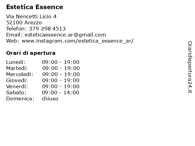 Orari di apertura Estetica Essence Via Nencetti Licio